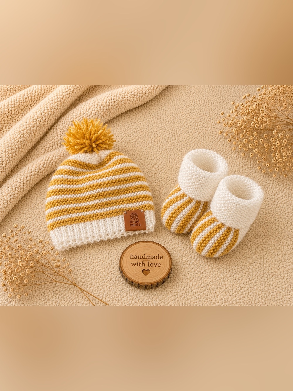 Handmade Striped Beanie & Booties Set - White & Mustard